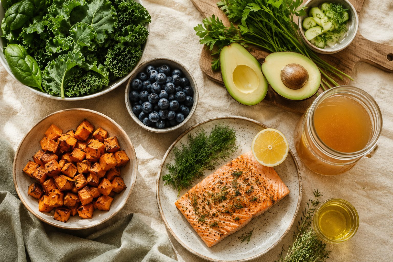 An overhead spread of Autoimmune Protocol whole foods: greens, sweet potato, wild salmon, avocado, blueberries, and bone broth
