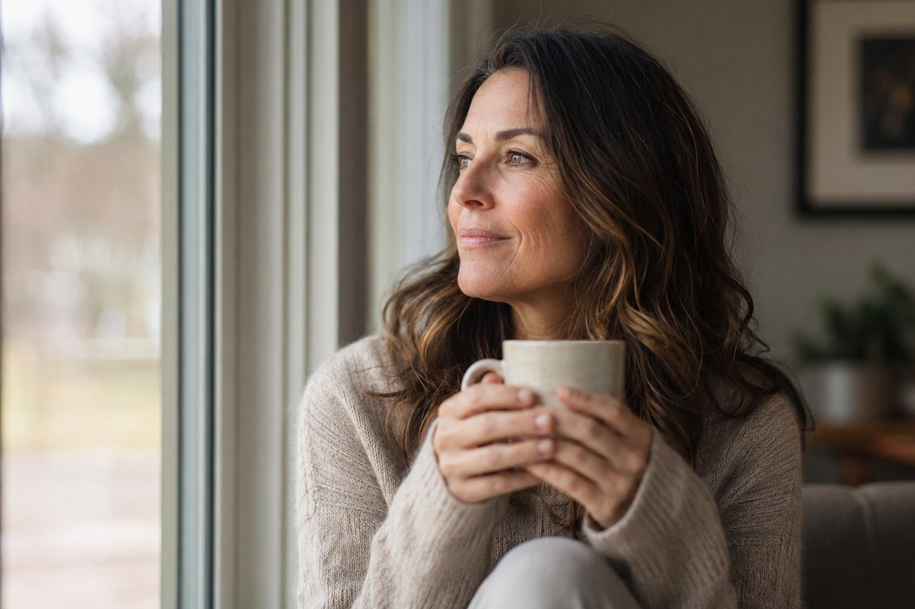 A woman in a quiet, hopeful moment