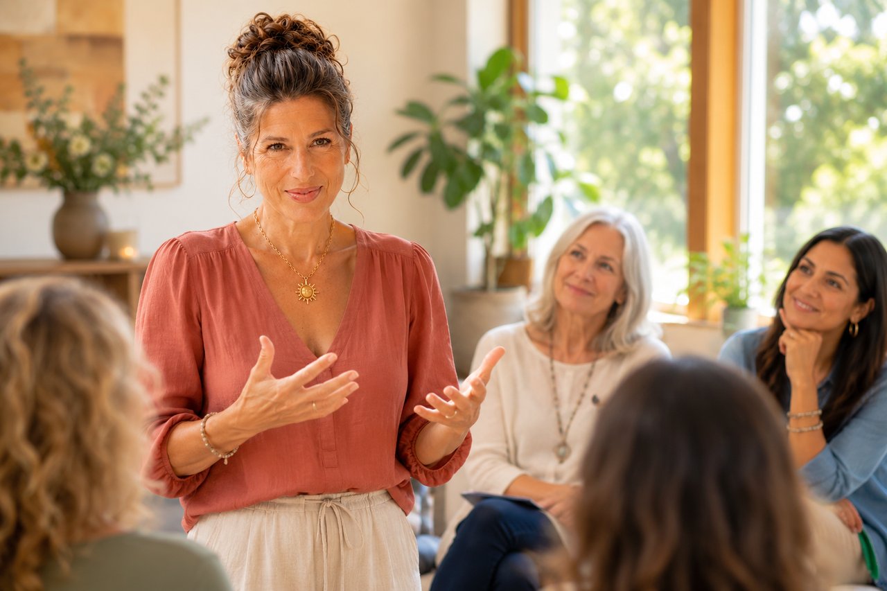 Daniela Hess speaking to a small group