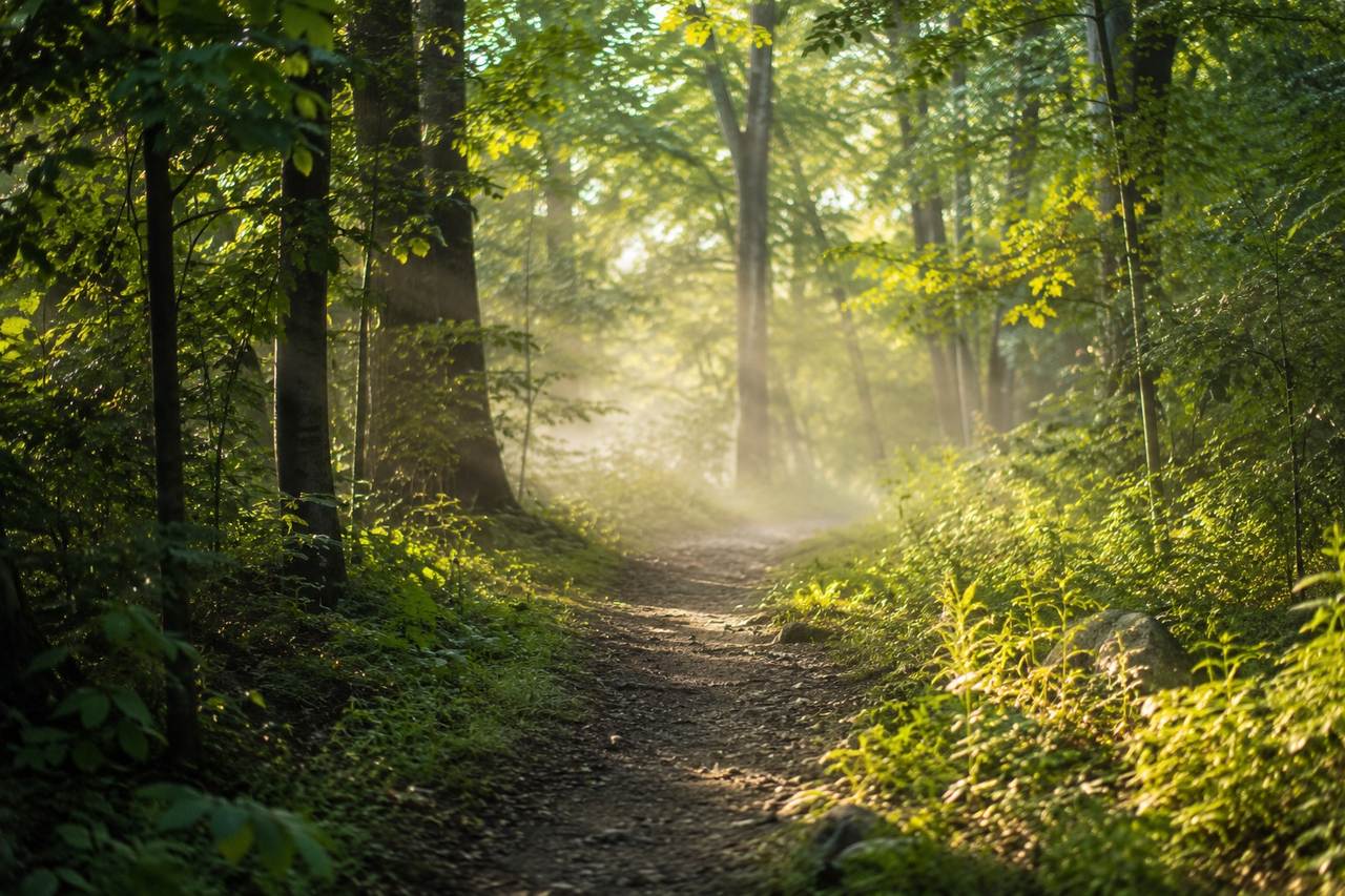 A garden path at golden hour