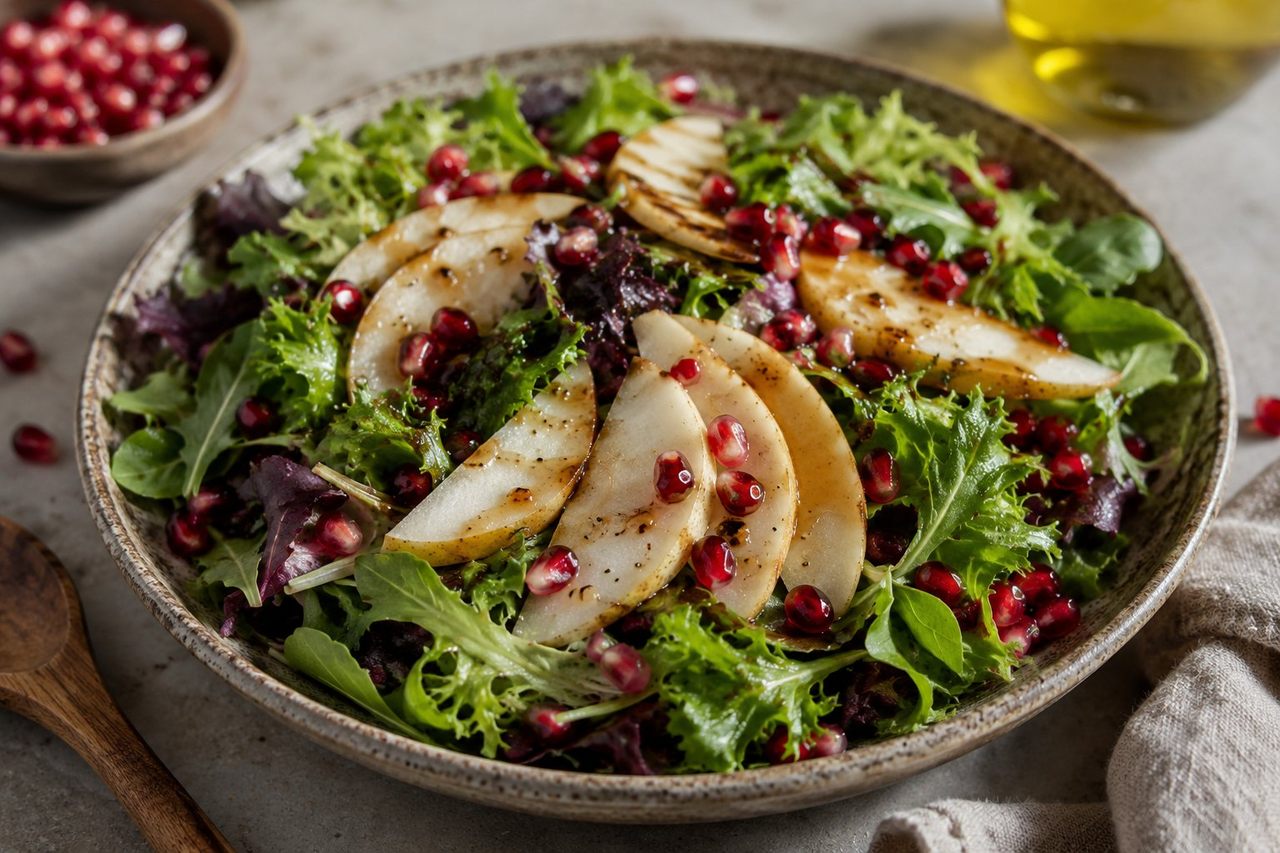 Asian pear and pomegranate over greens: a bowl that makes vegetables easy to love