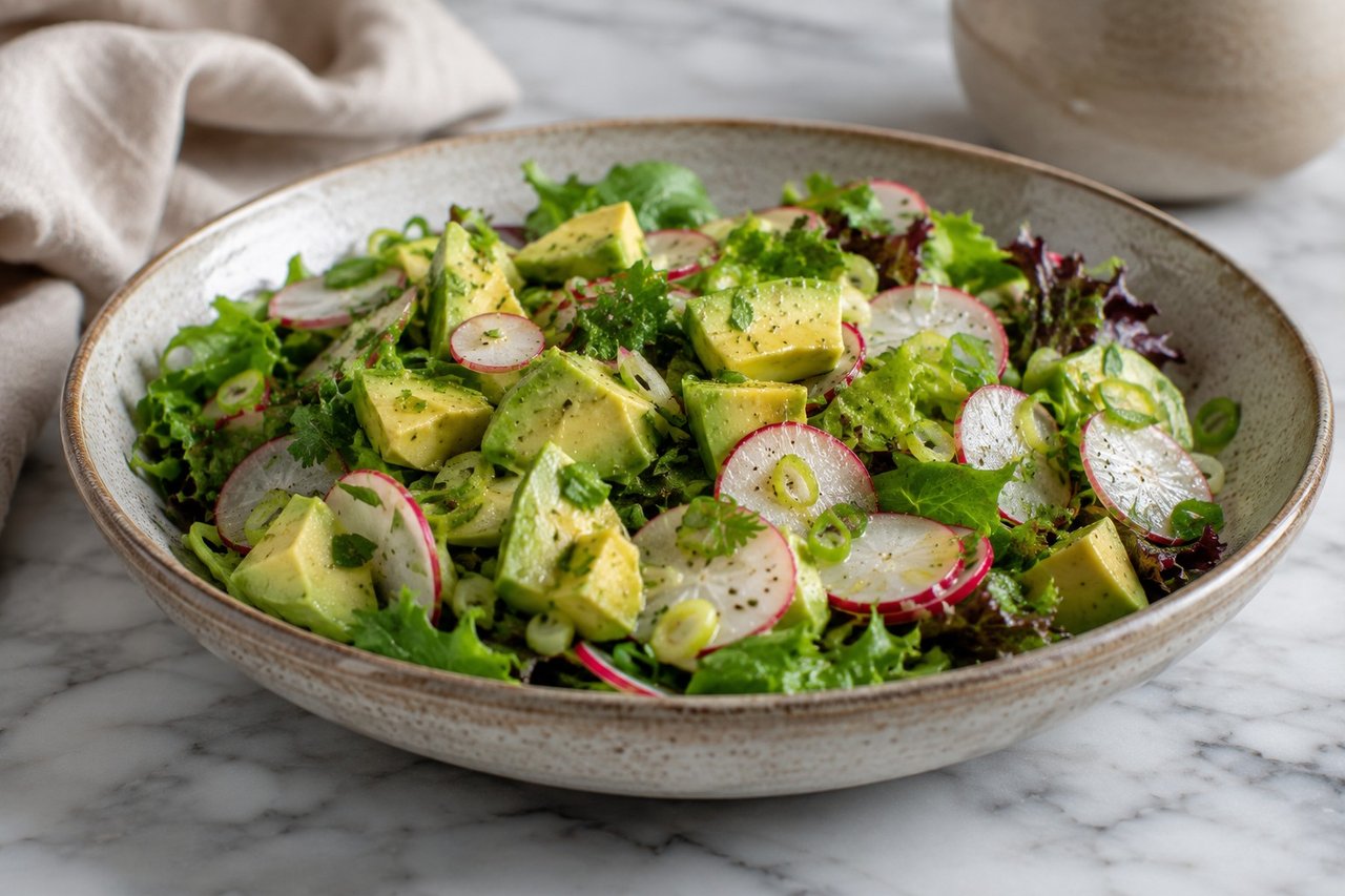 Avocado and radish over greens: a creamy, citrus-bright side that travels