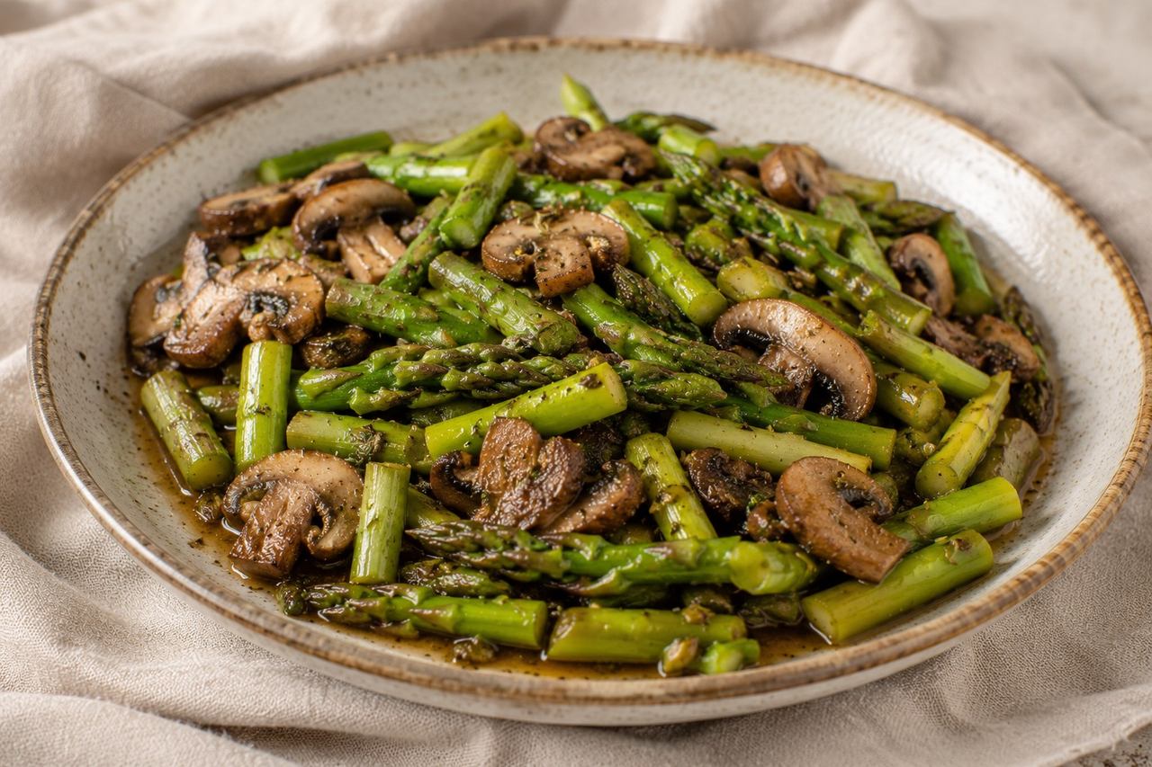 Asparagus and mushroom saute with a date-sweetened sauce