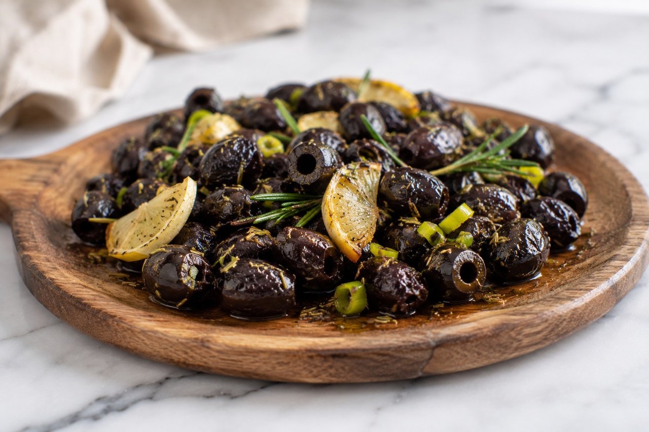 Warm baked olives with rosemary and lemon