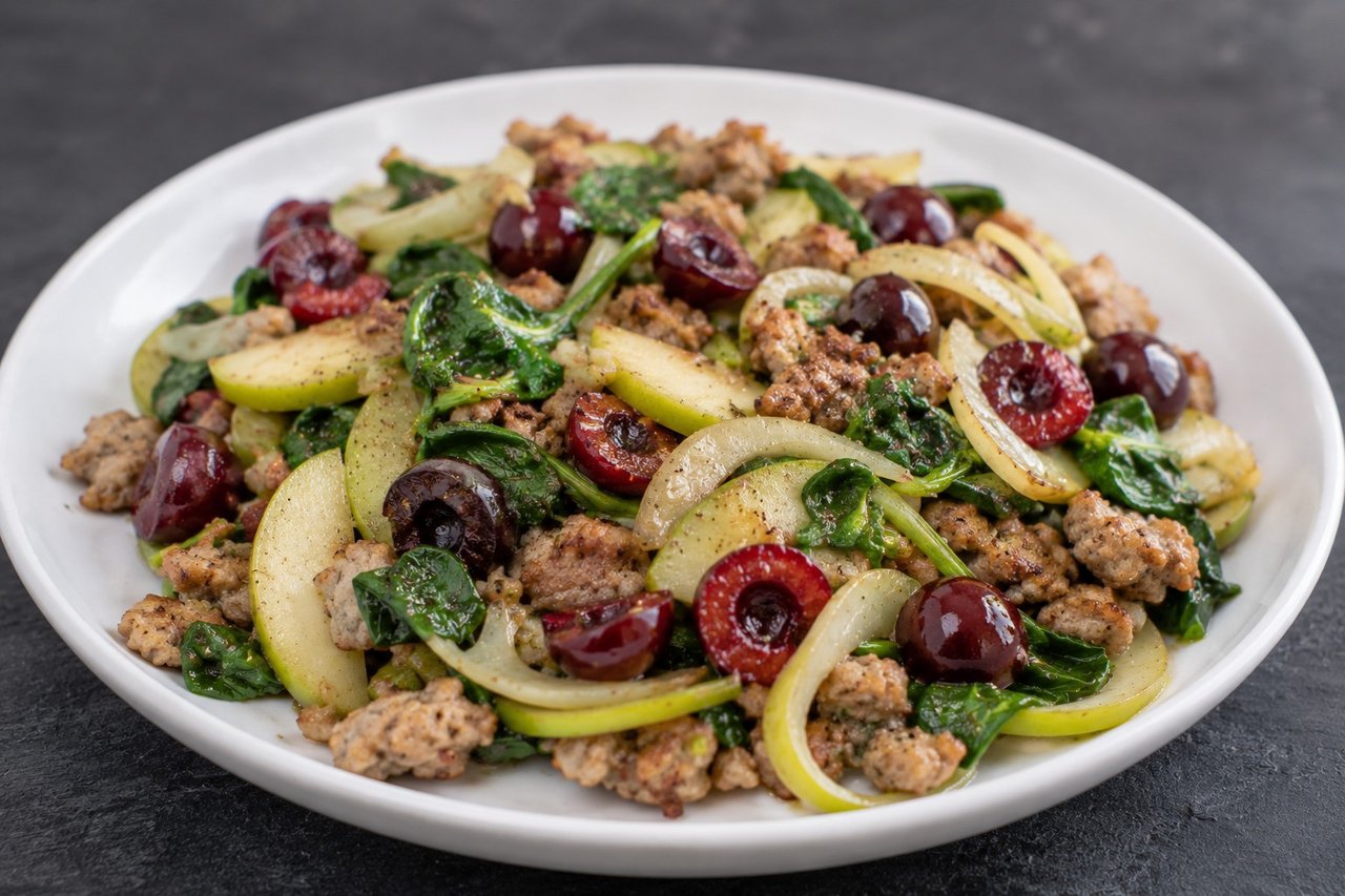 Apple sausage stir-fry with fennel and cherries