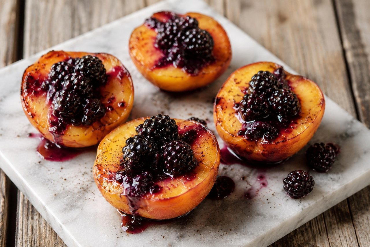 Baked peaches with blackberry sauce: fruit, warmed and honored