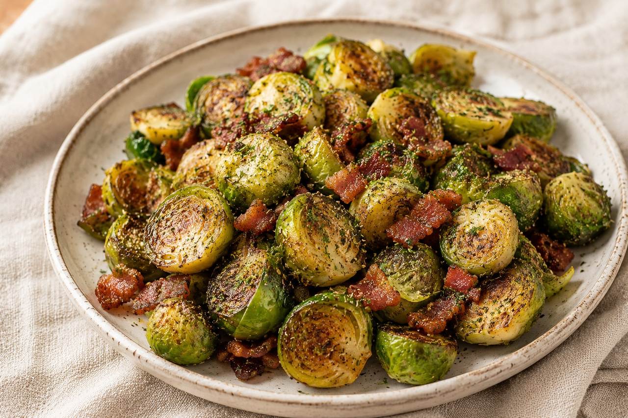 Roasted Brussels Sprouts and Bacon with a Dairy-Free Ranch Seasoning