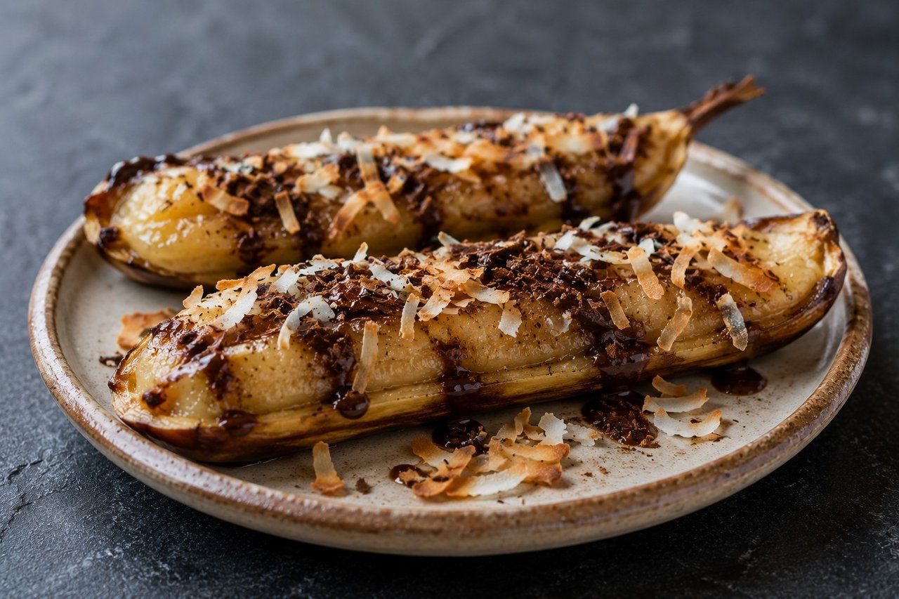Baked Bananas with Carob and Toasted Coconut
