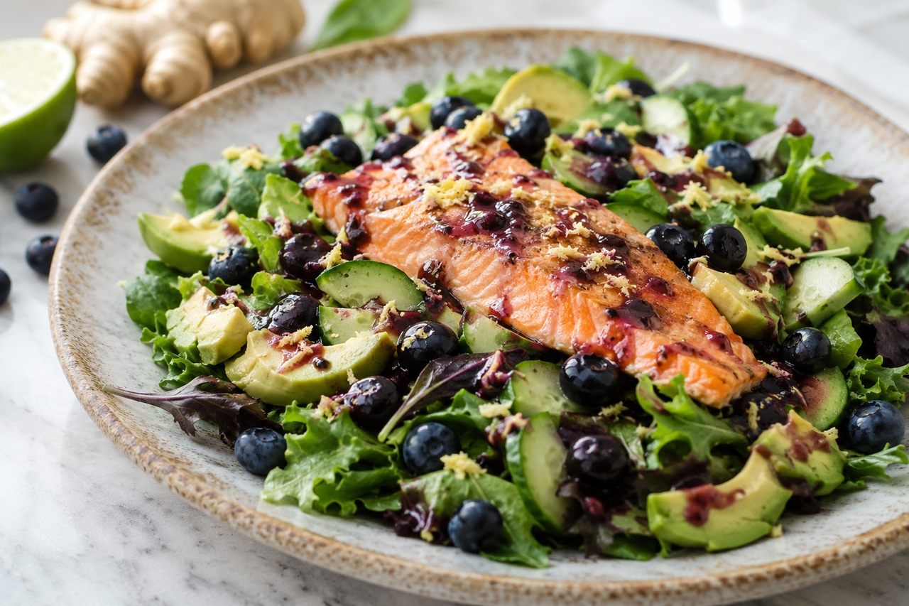 Salmon Salad with Ginger-Blueberry Dressing