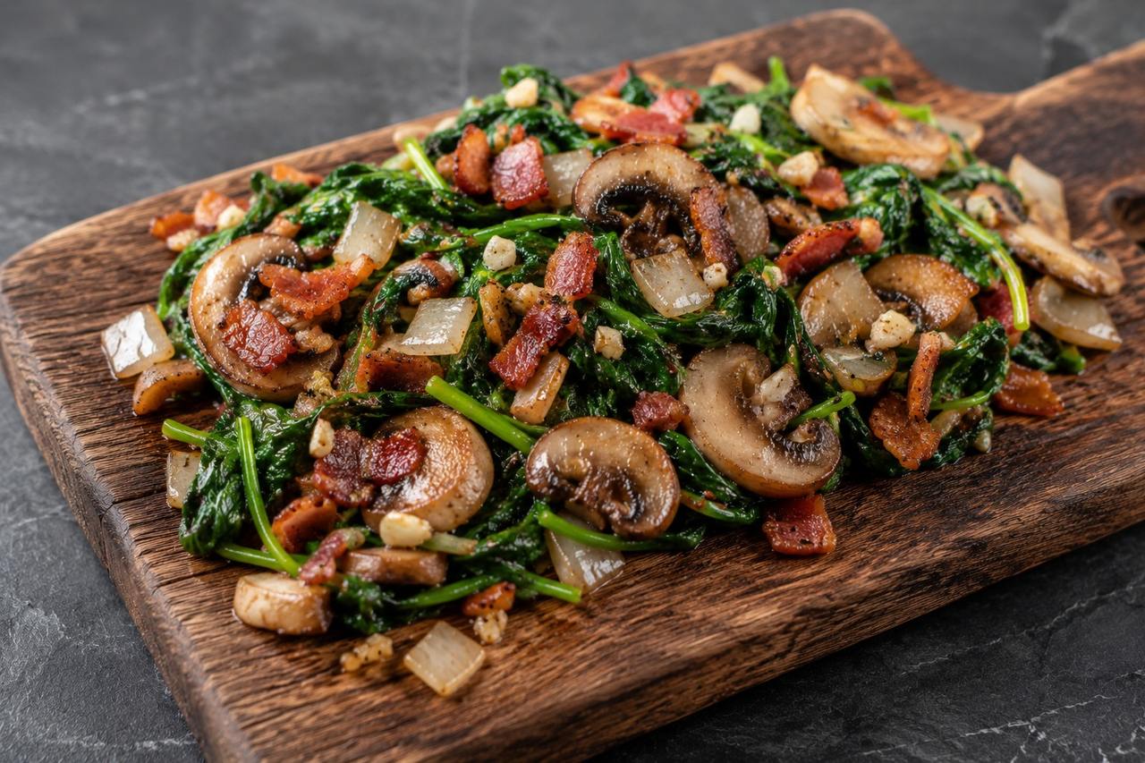 Mushroom and Spinach Stir-Fry with Bacon