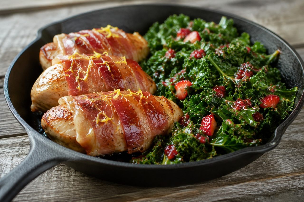 Prosciutto-wrapped chicken with strawberry-glazed kale, 1 dish, 30 minutes