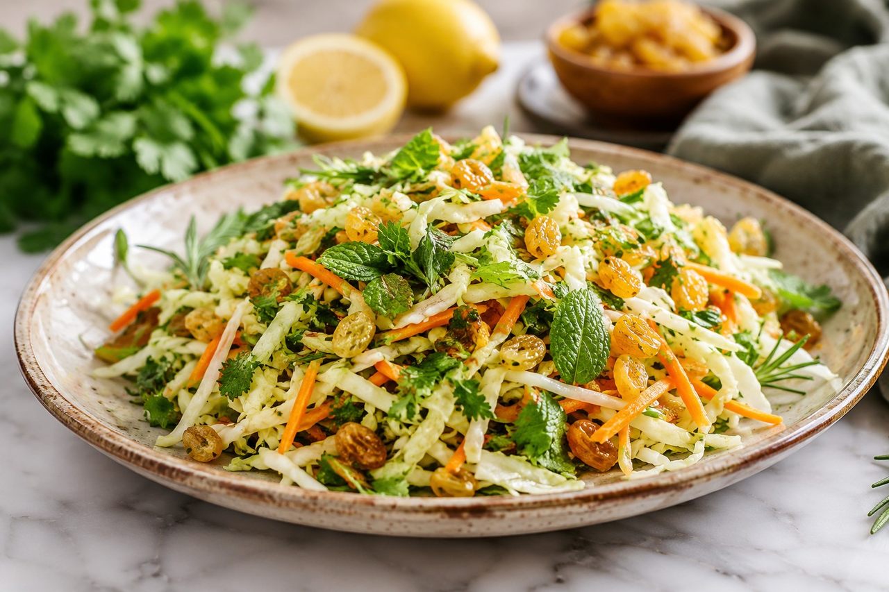 Golden raisin coleslaw: crunchy, herb-flecked, no mayo