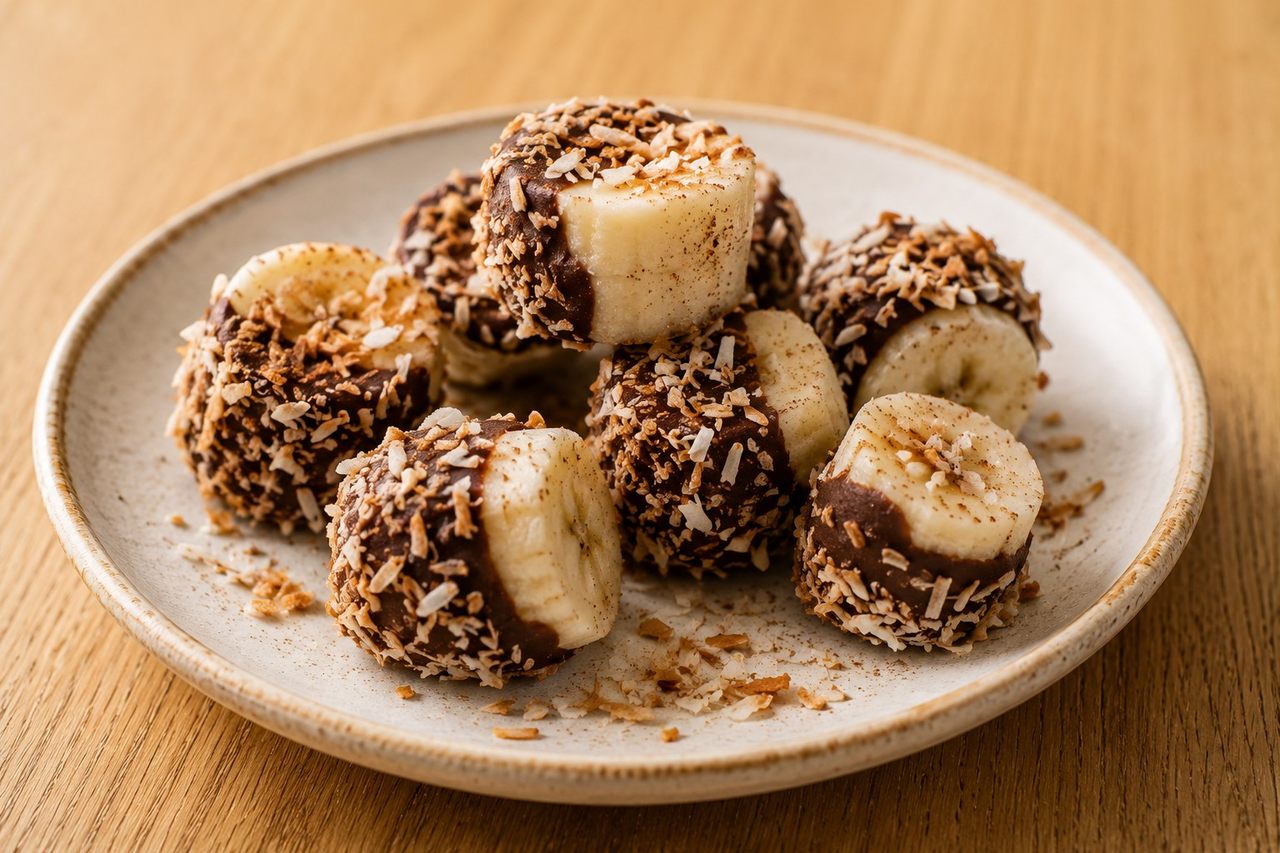 Carob-Dipped Frozen Banana Bites with Toasted Coconut