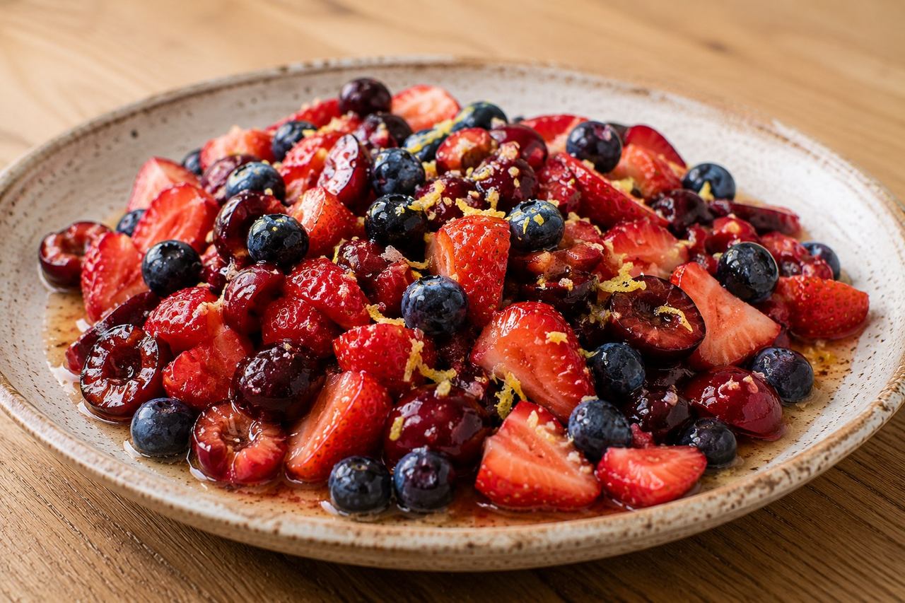 Berry-Cherry Fruit Salad with Lemon-Ginger Syrup