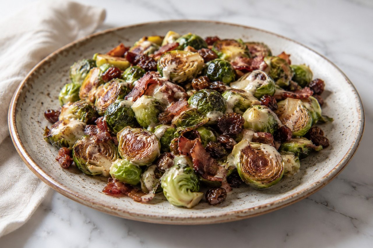Roasted Brussels Sprouts Salad with Bacon-Garlic Dressing