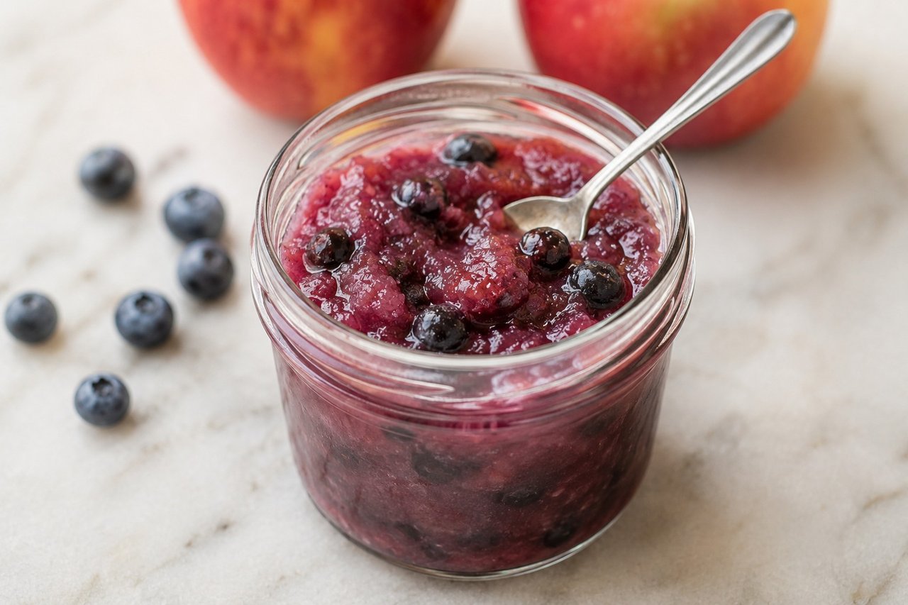 Blueberry applesauce: 3 ingredients, a big batch, no sugar added