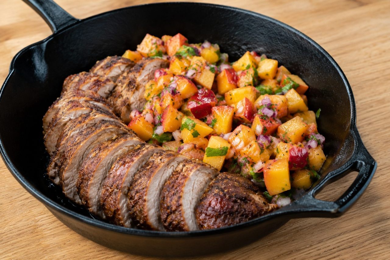 Spiced pork with warm peach salsa: heat without the nightshades