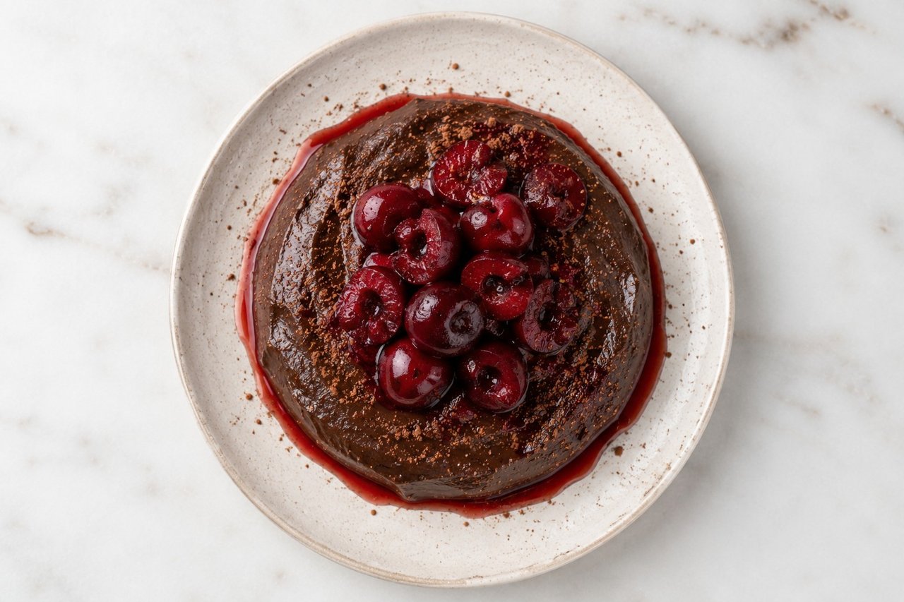 Carob Cherry Pudding: two layers, set slowly, worth the wait