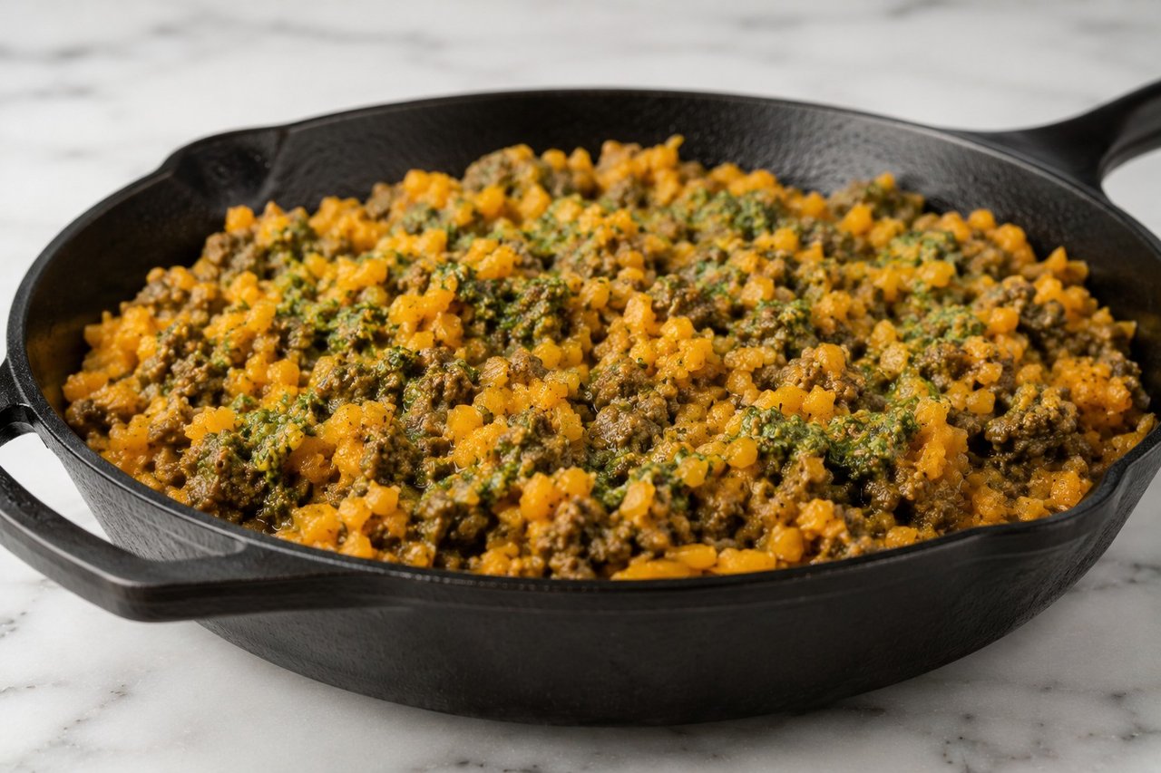 Butternut Rice with Beef and Nut-Free Pesto: a whole bowl in 25 minutes