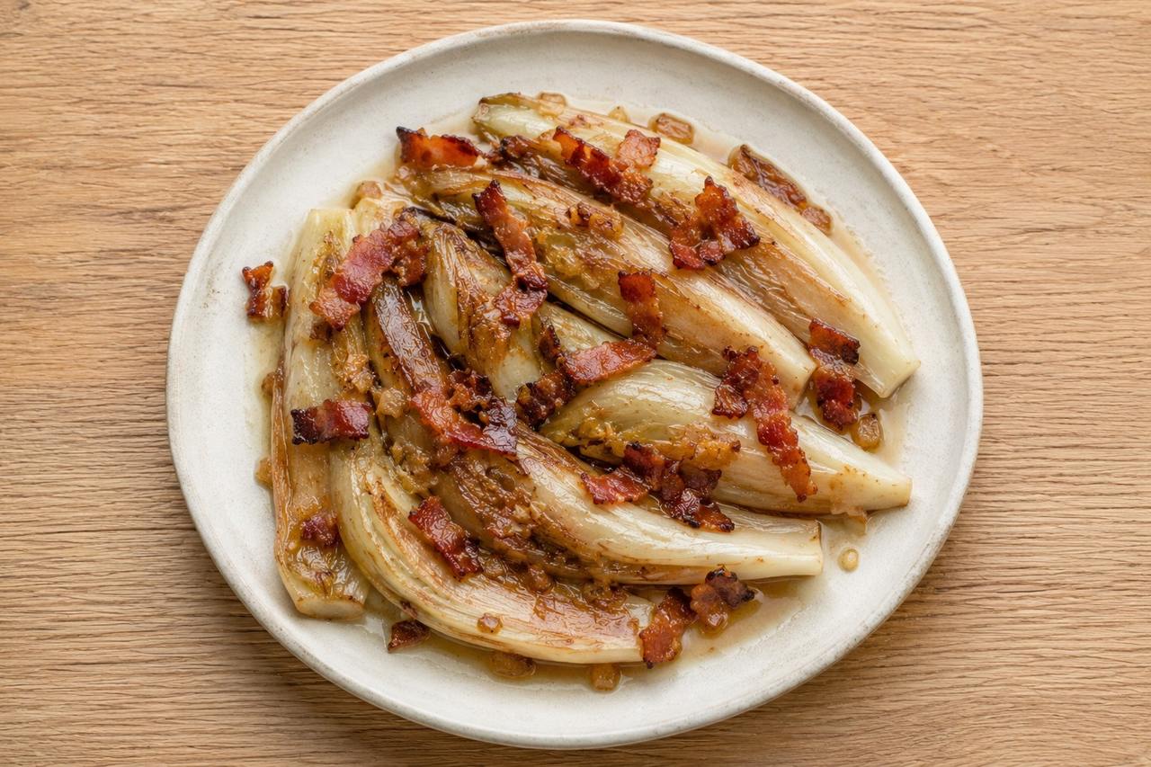 Braised Belgian Endives with Bacon: a slow, silky childhood dish, kept clean