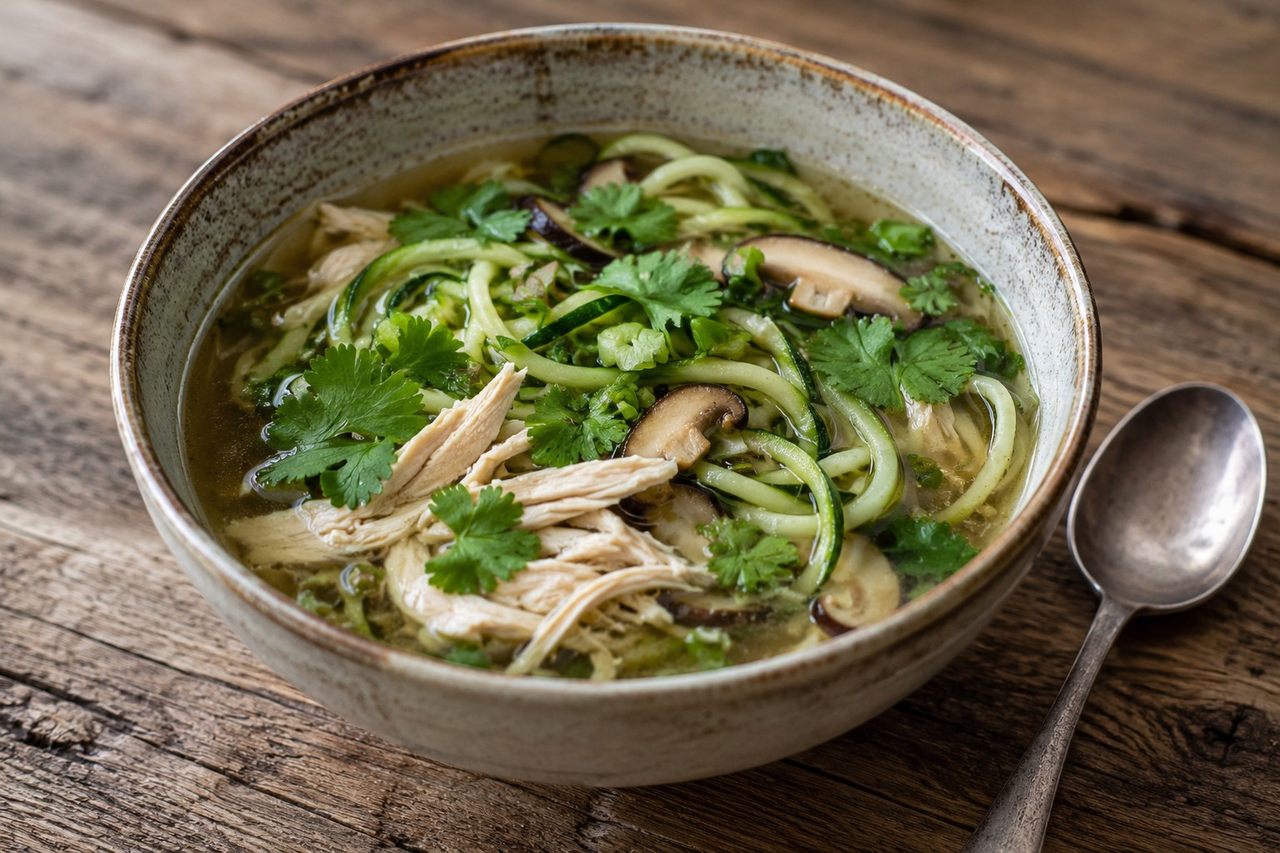 Chicken Pho: a healing bowl of broth, ginger, and zucchini noodles
