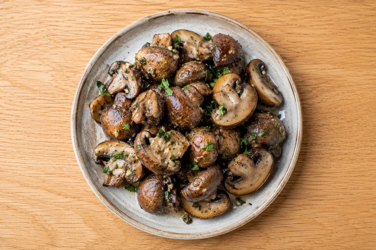Garlic and Herb Mushrooms: a marinated, baked appetizer that looks like a fuss but is not