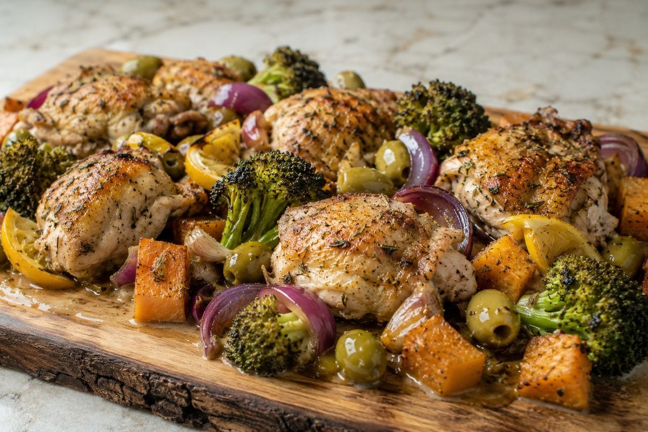 Mediterranean Chicken Bake: olives, lemon, and herbs over a creamy mash