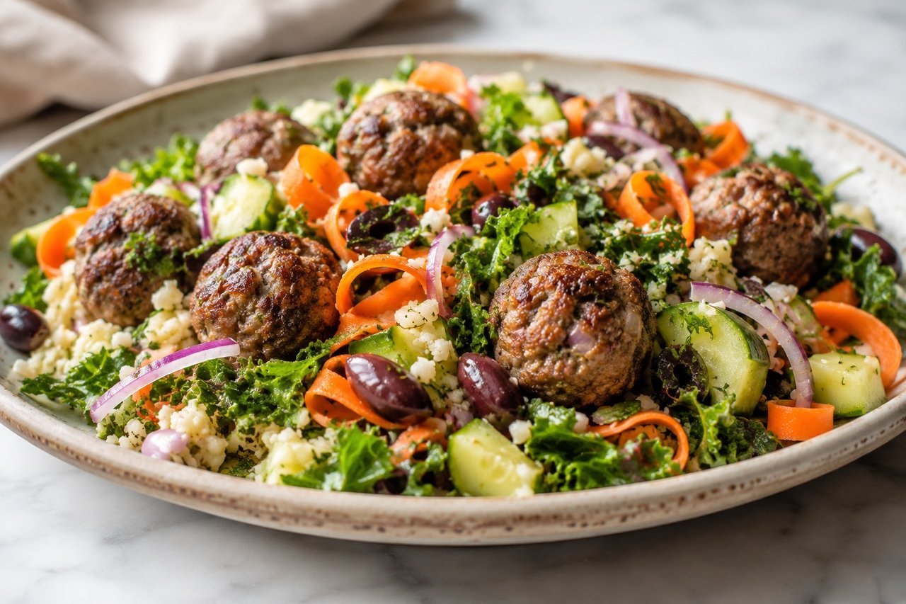 Greek Meatball Salad: warm meatballs over a cool, herb-dressed bowl