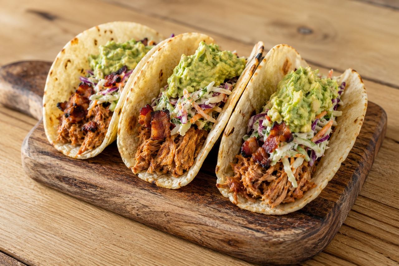 Slow-cooked chicken tacos in a cassava tortilla built to hold together