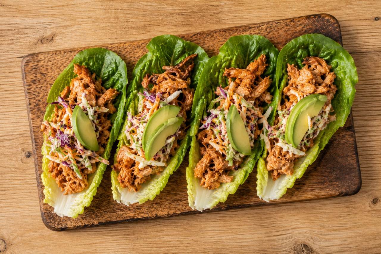 Slow-cooker pulled chicken in lettuce wraps