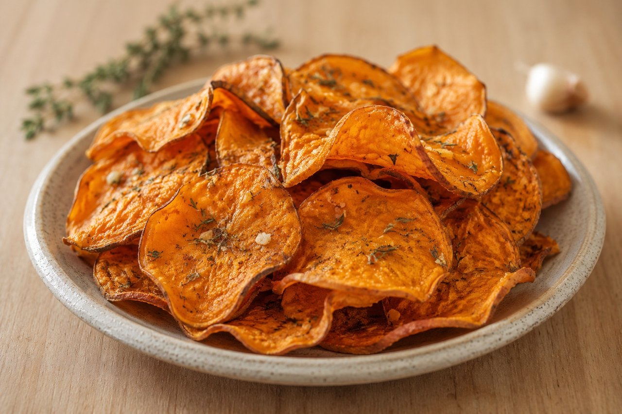 Crisp sweet potato chips with thyme and garlic