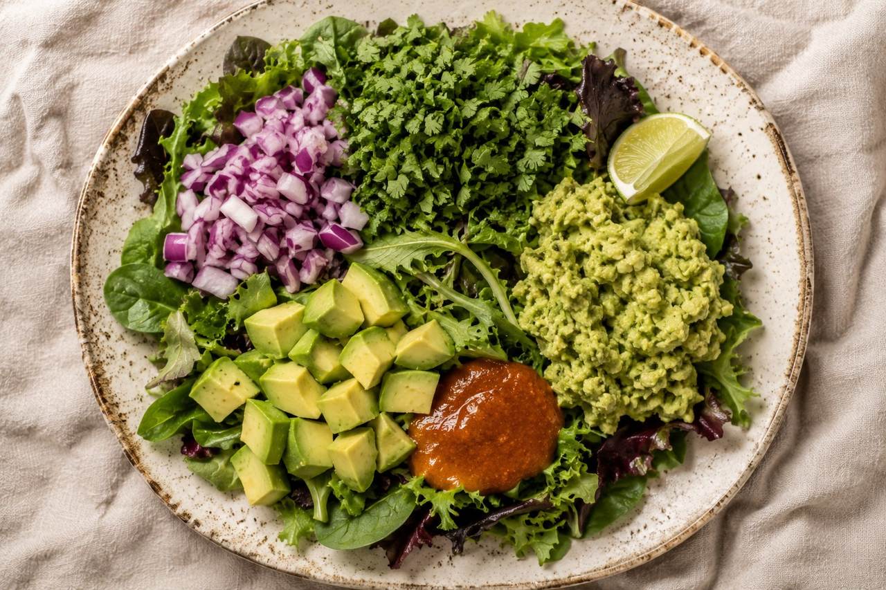 Guacamole, taken apart and laid over greens