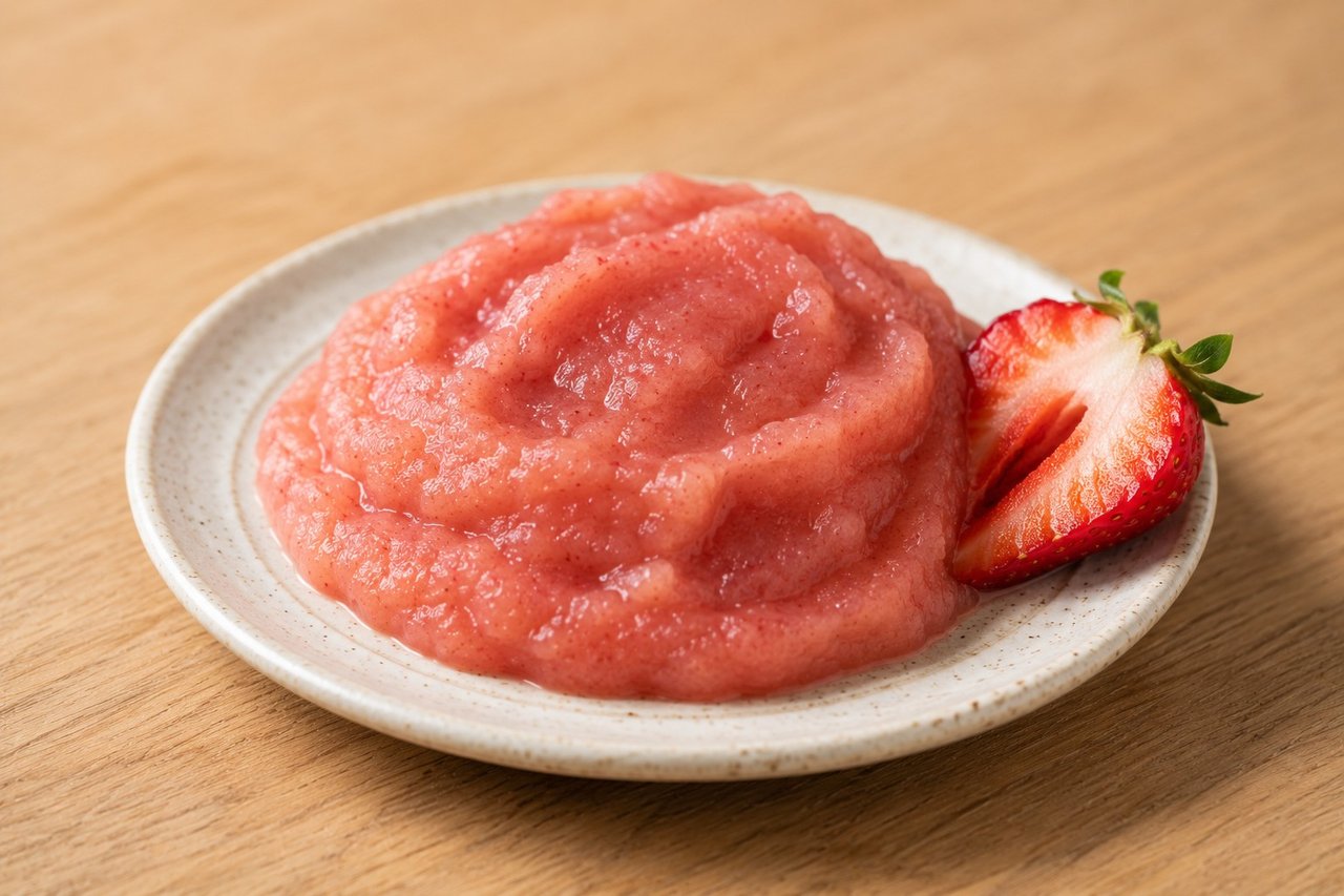 Pink applesauce, sweetened by strawberries alone