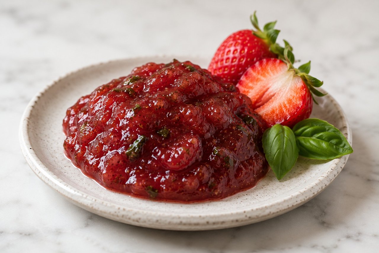 Strawberry jam, set with gelatin and finished with basil