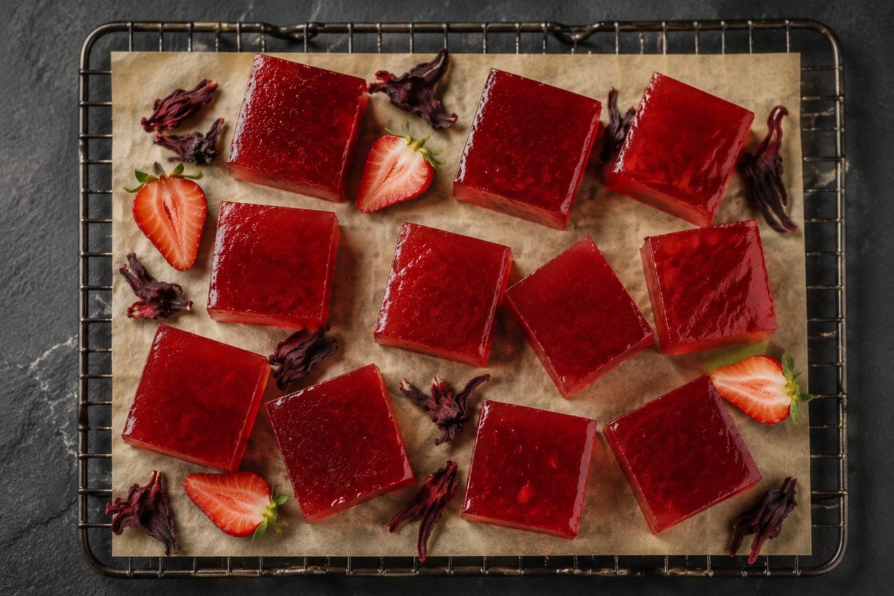 Strawberry hibiscus squares, a clean jello