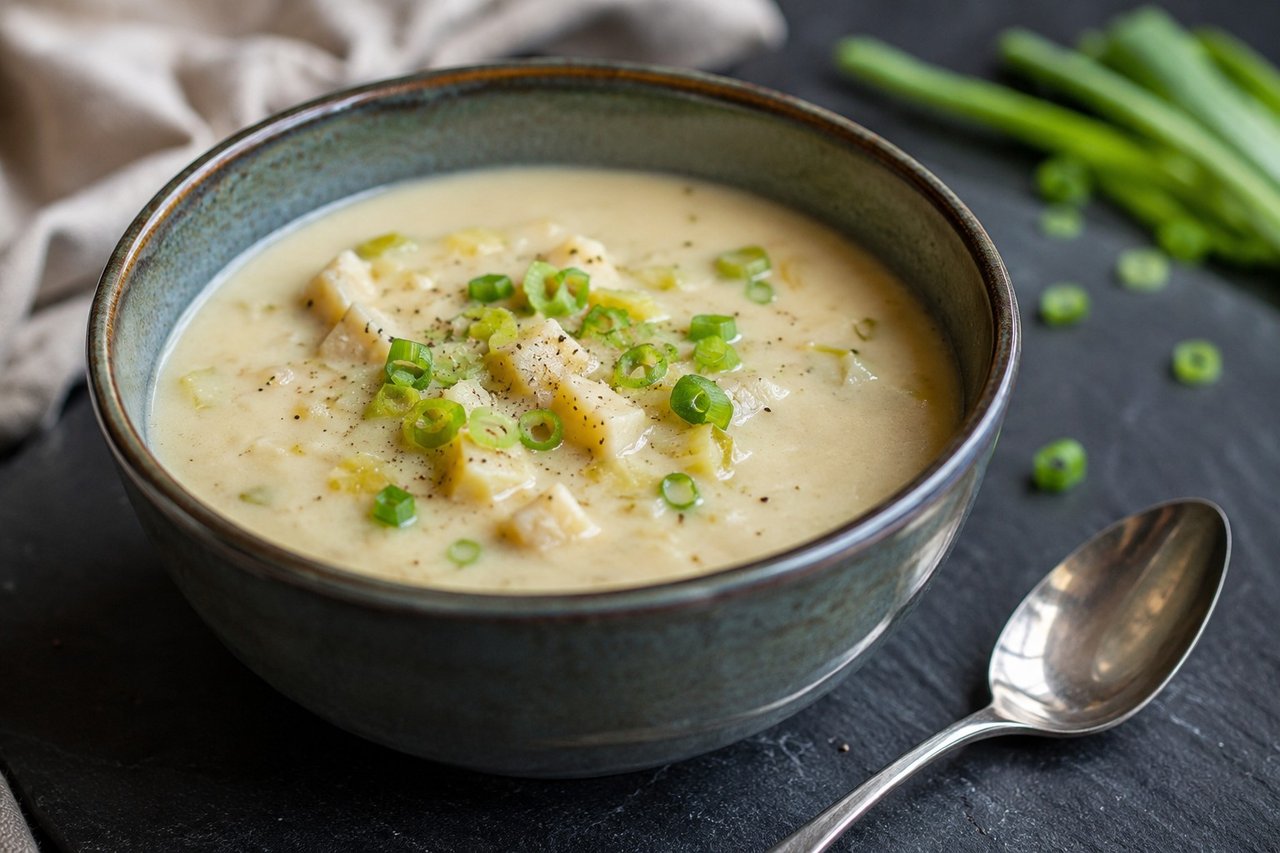 Creamy 'potato' and leek soup, made nightshade-free