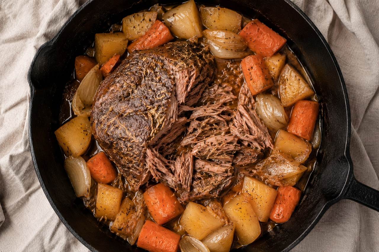 Pot roast in about an hour, tender enough to mash with a fork