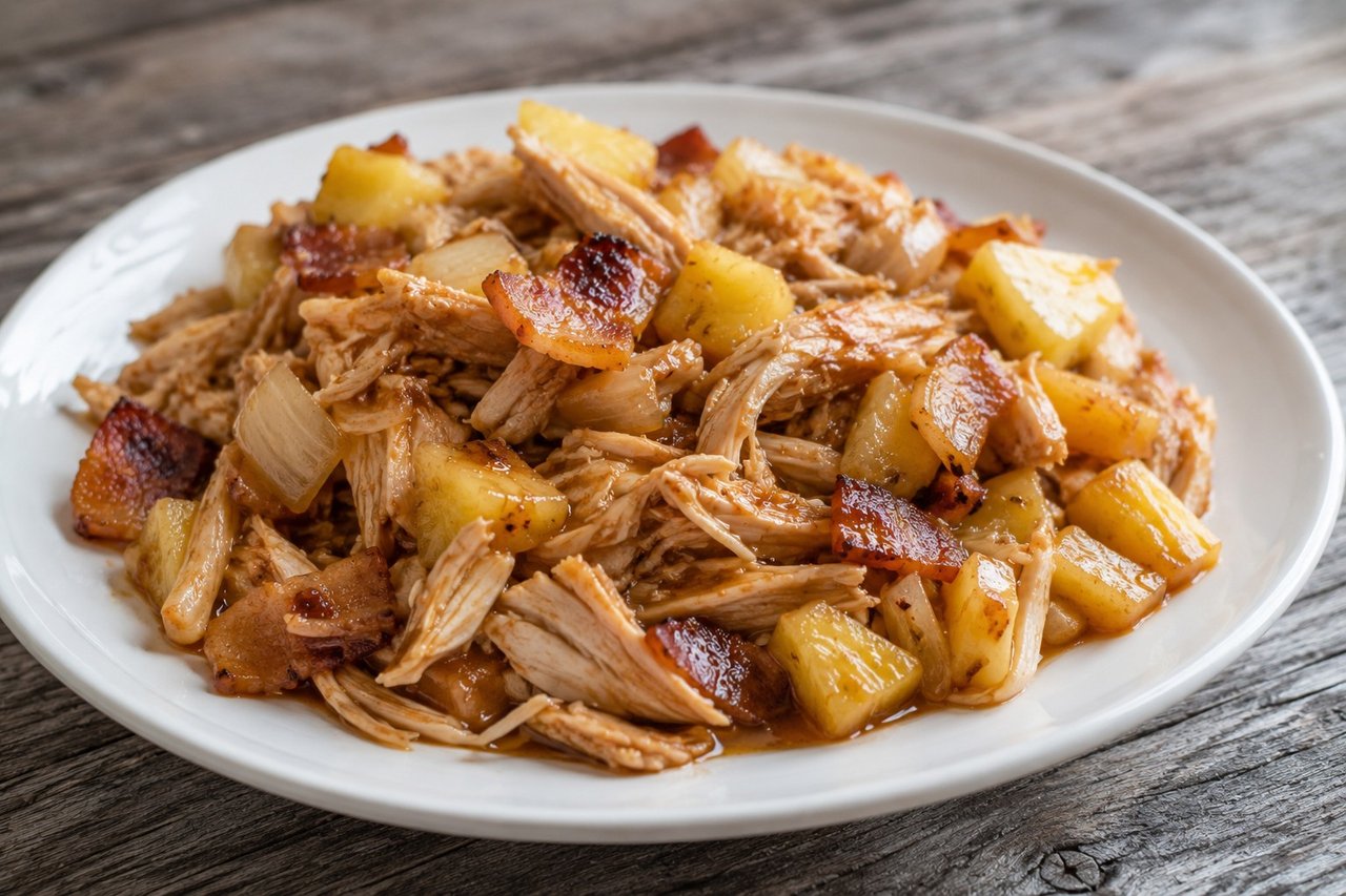 Shredded pineapple chicken with a glossy fish sauce glaze