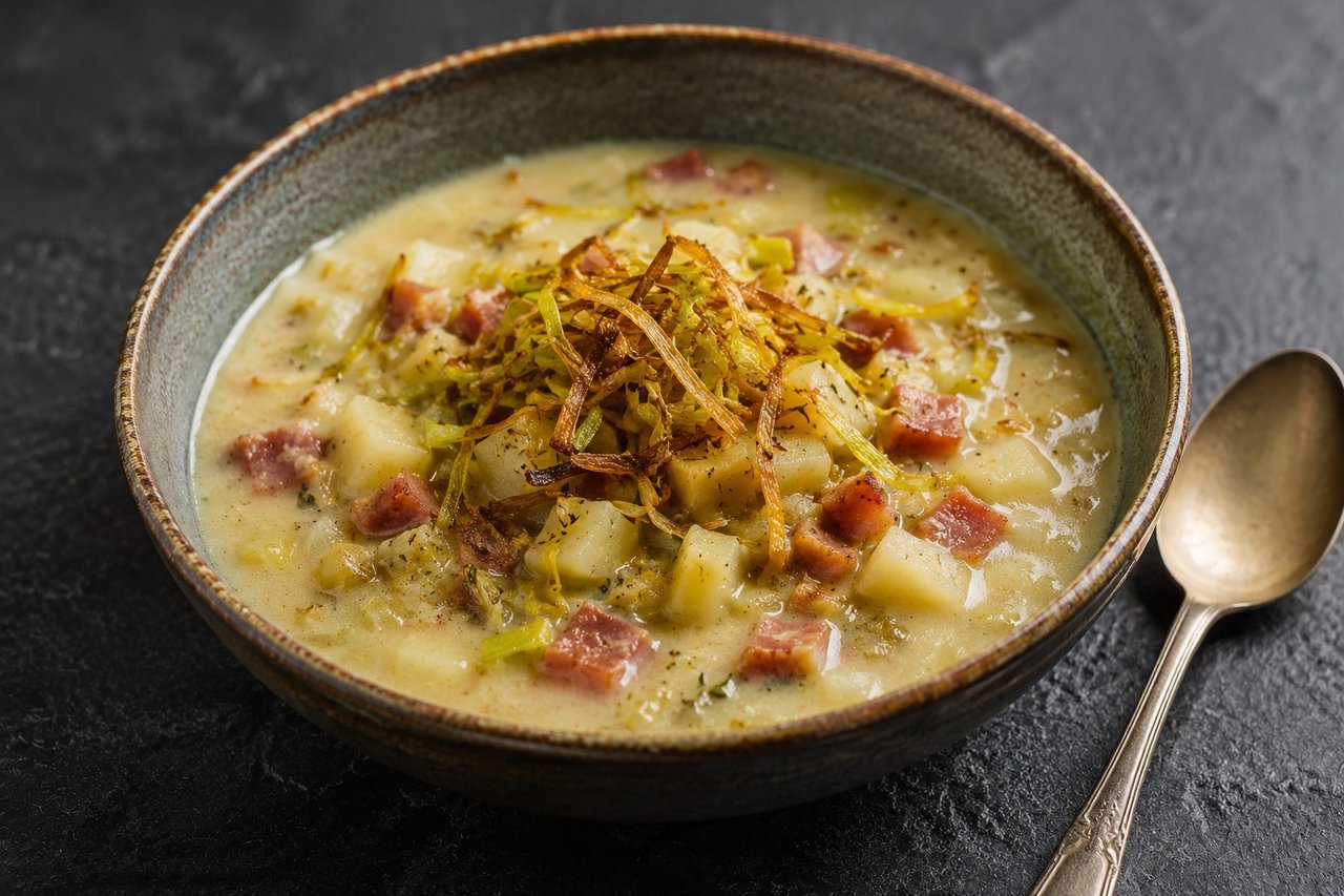 Parsnip and pancetta chowder with crispy leeks