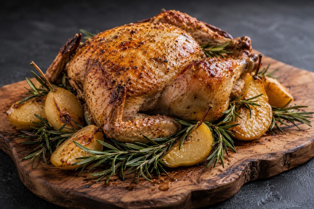 Roast Chicken Cradled in Rosemary and Soft Bartlett Pears