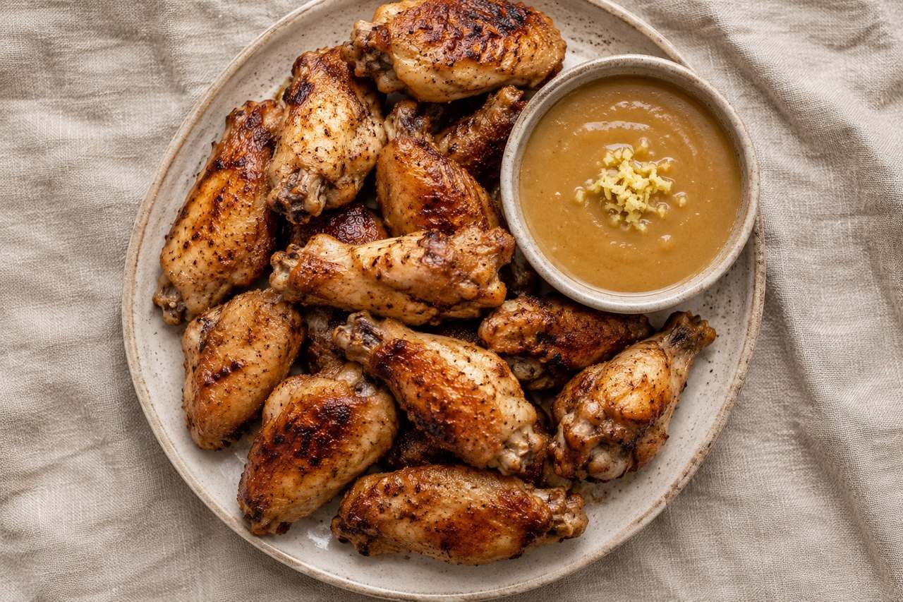 Crisp Chicken Wings with a Warm Apple-Ginger Dip