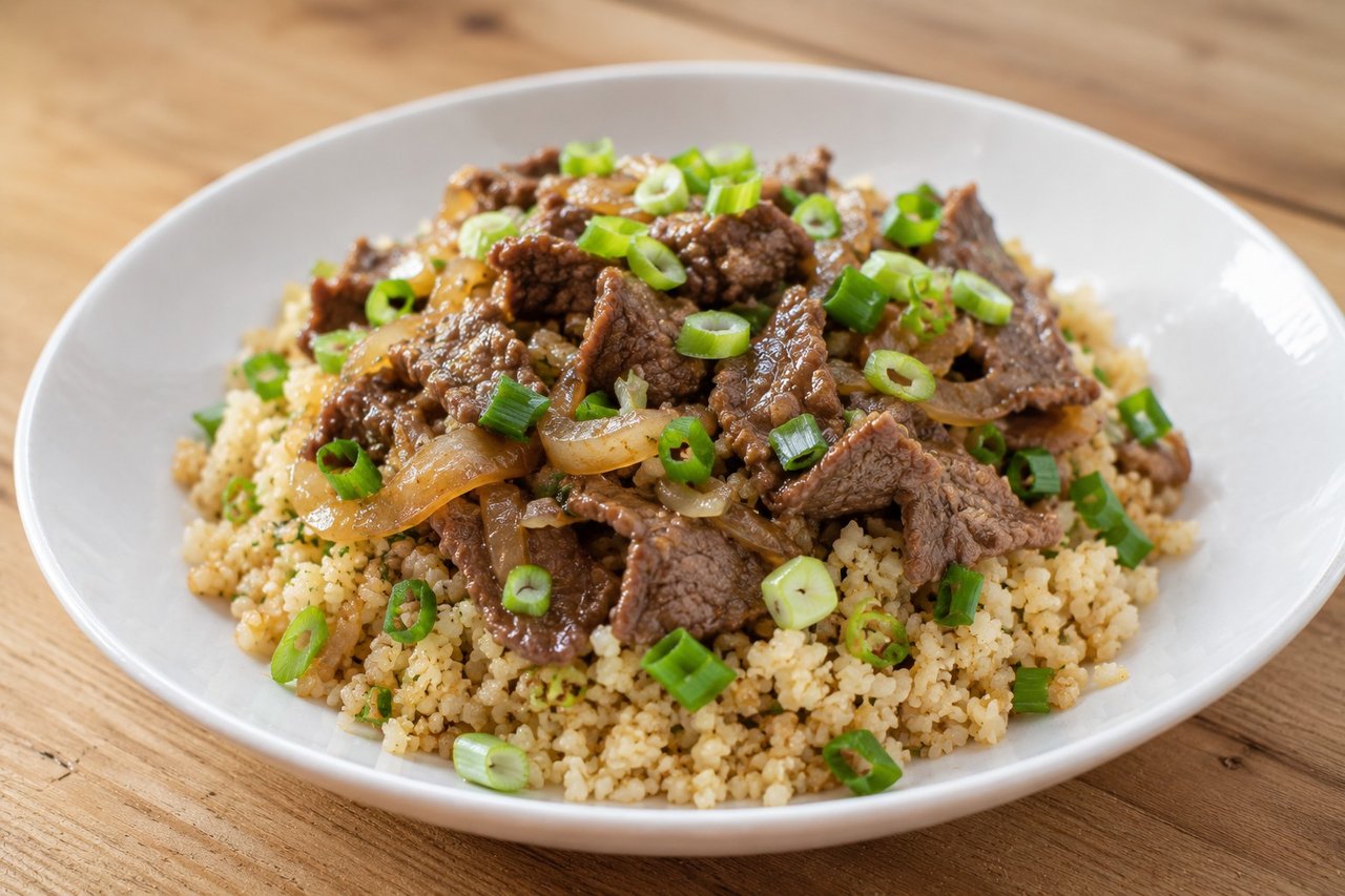 A Japanese beef bowl rebuilt over cauliflower rice