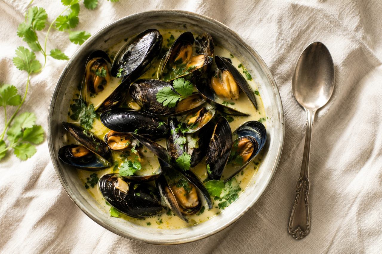 Mussels steamed in a coconut and ginger broth
