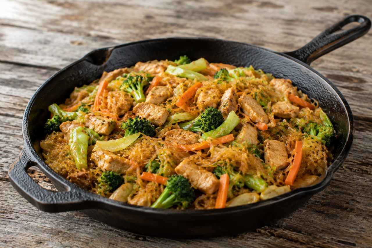 One-pan chicken yakisoba on squash noodles