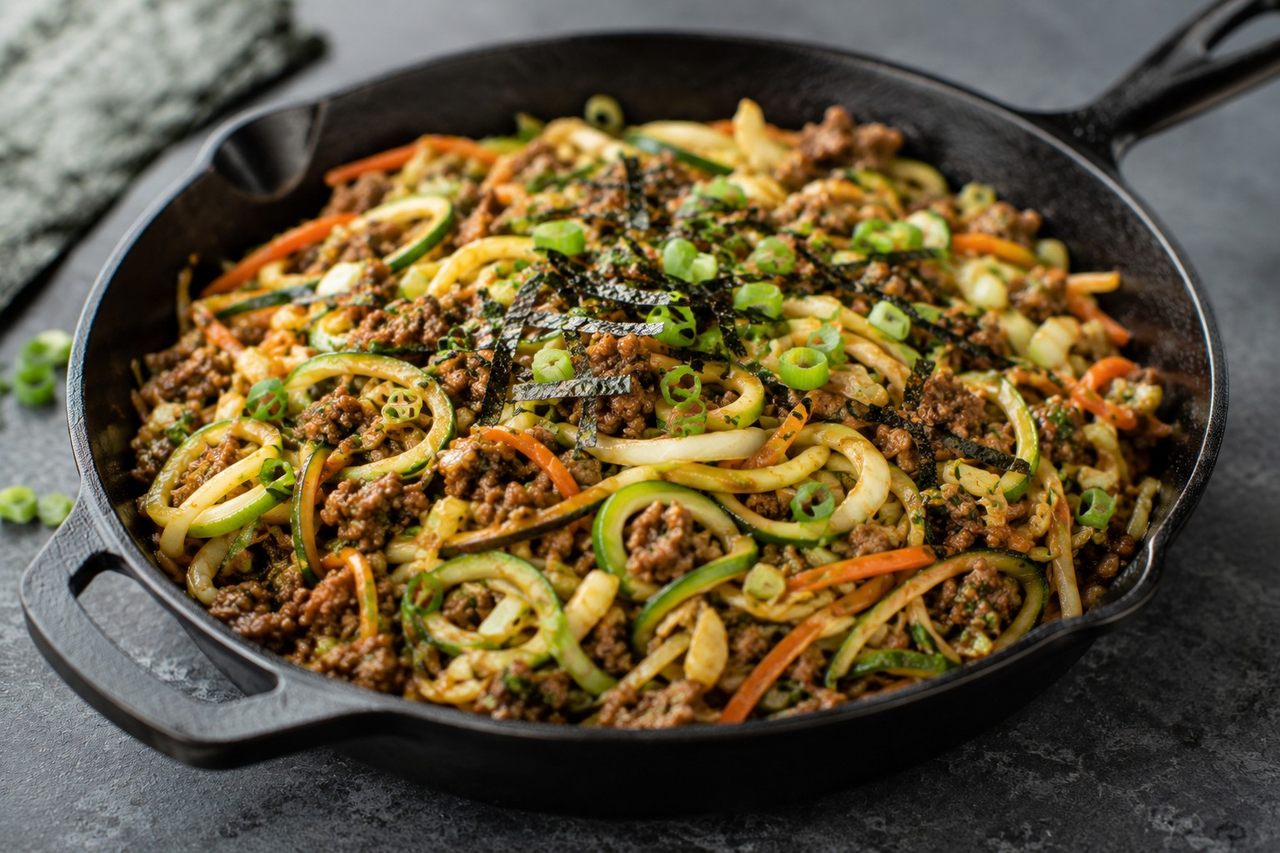Fried udon-style beef and zucchini noodles