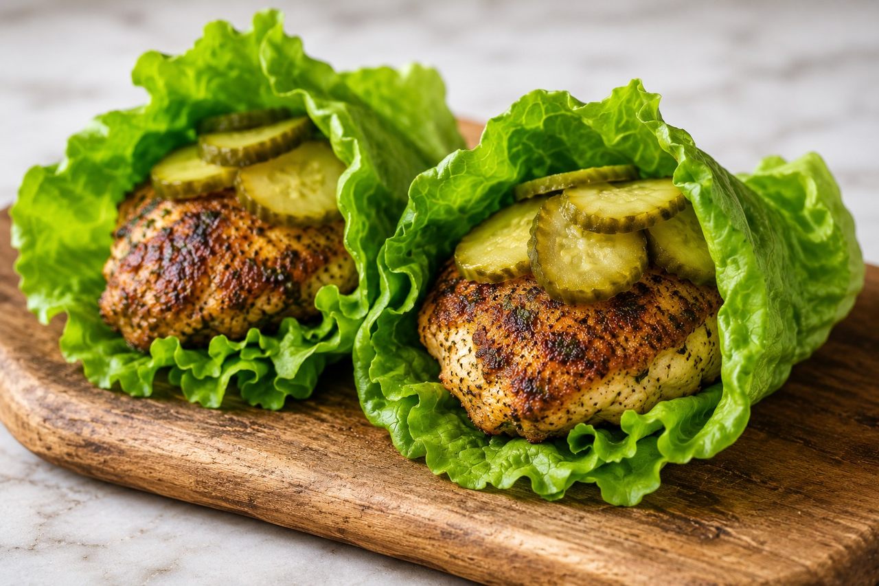 A pickle-brined fried chicken sandwich rebuilt for healing, wrapped in lettuce