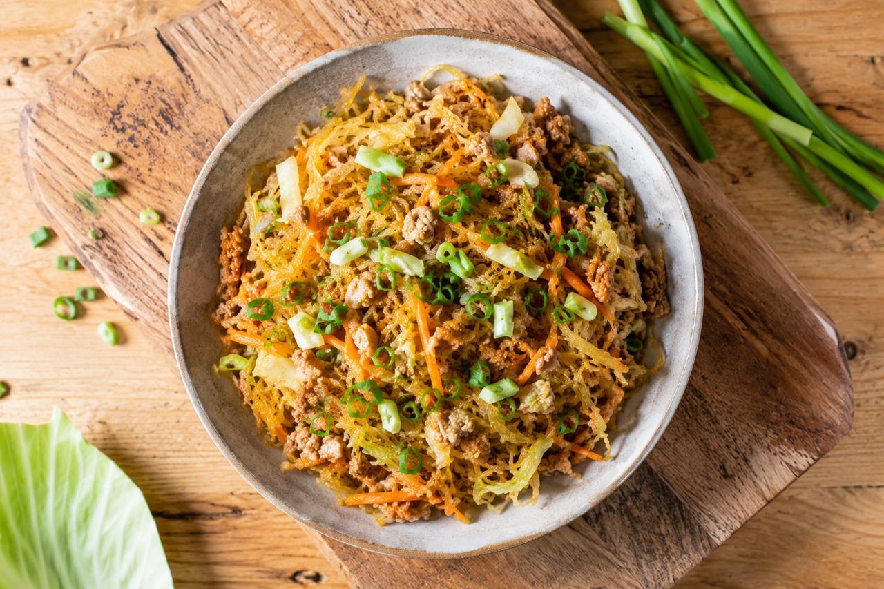 Takeout-style szechuan noodles, made with spaghetti squash instead of wheat