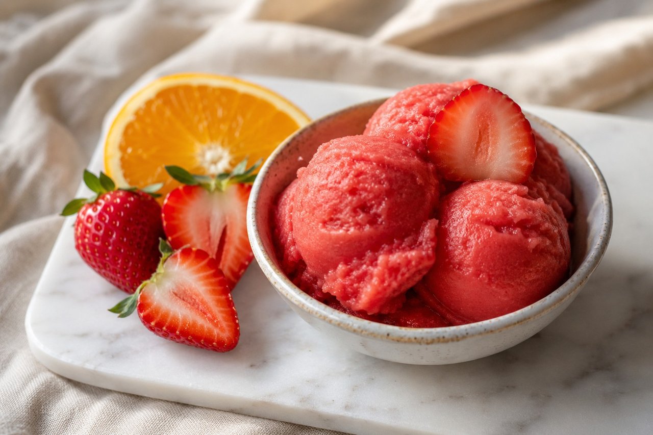 A Bright Strawberry Orange Sorbet, No Special Equipment Required
