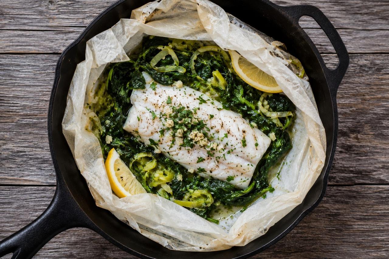 Cod Baked in Parchment with Spinach and Leeks, the AIP Way
