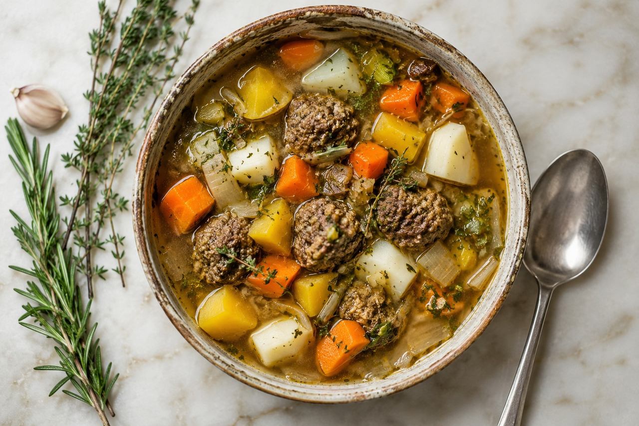 Rustic Root Vegetable Soup with Beef Meatballs, the AIP Way